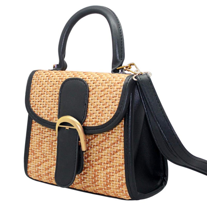 boshiho Retro Straw Woven Handbag Womens Cross Body Bag Shoulder Messenger Satchel (Large - Black) - Image 1